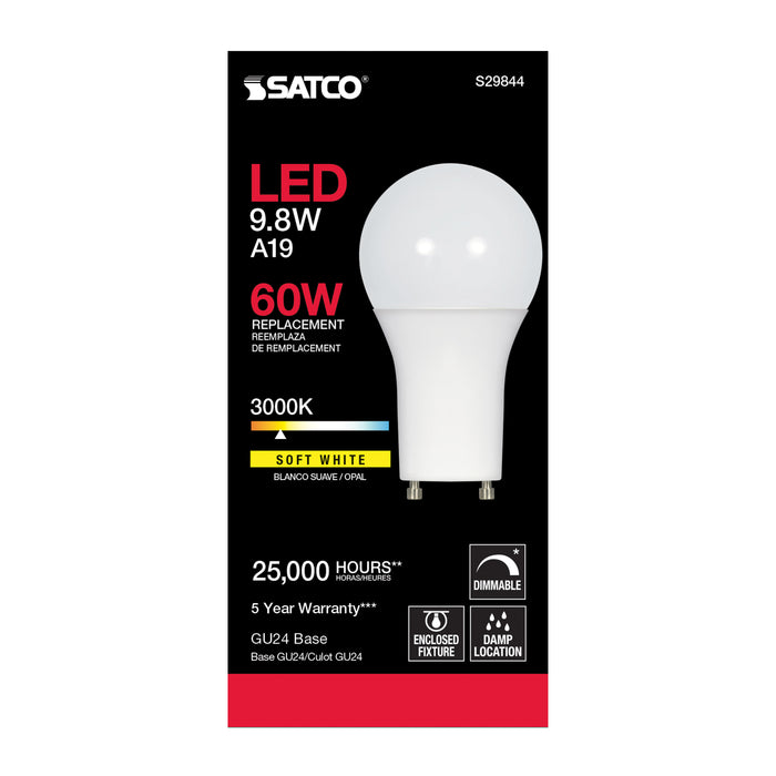SATCO/NUVO 9.8W A19 LED 3000K GU24 Base 220 Degree Beam Spread 120V (S29844)