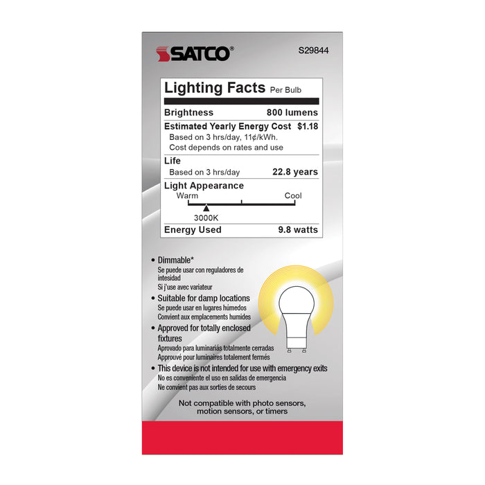 SATCO/NUVO 9.8W A19 LED 3000K GU24 Base 220 Degree Beam Spread 120V (S29844)