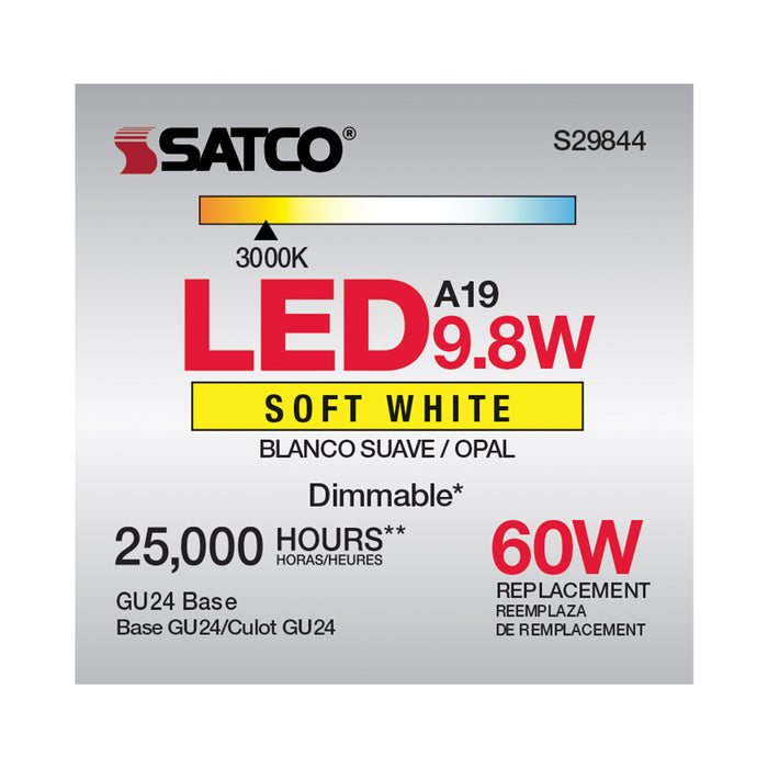 SATCO/NUVO 9.8W A19 LED 3000K GU24 Base 220 Degree Beam Spread 120V (S29844)