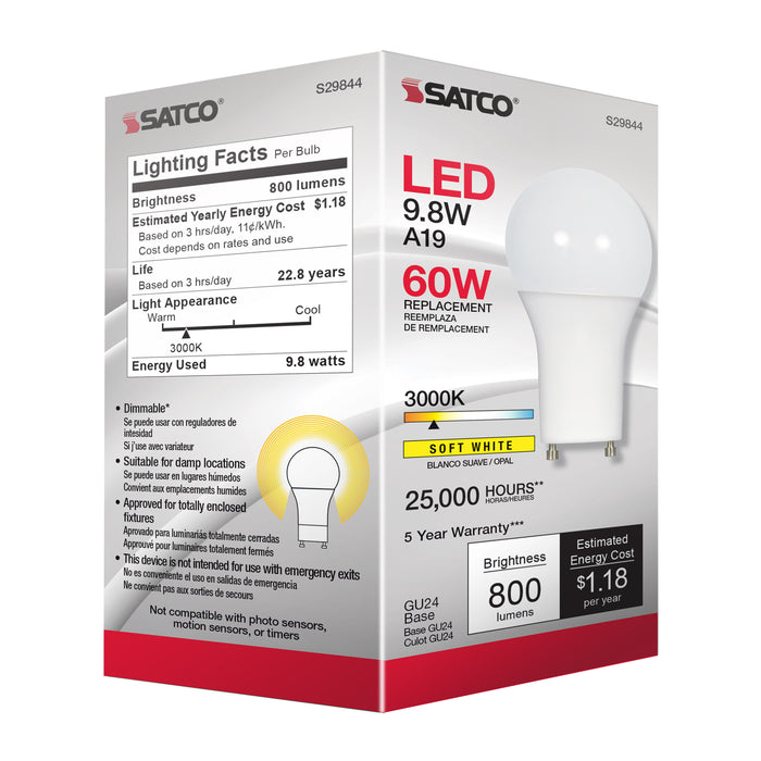 SATCO/NUVO 9.8W A19 LED 3000K GU24 Base 220 Degree Beam Spread 120V (S29844)
