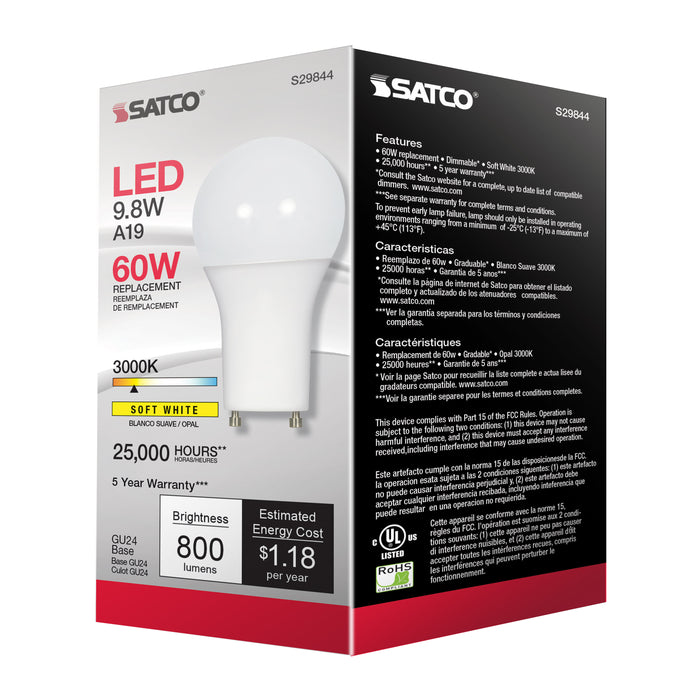SATCO/NUVO 9.8W A19 LED 3000K GU24 Base 220 Degree Beam Spread 120V (S29844)