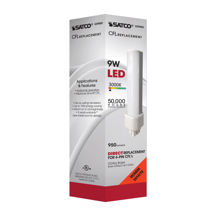 SATCO/NUVO 9W LED PL 4-Pin 3000K 950Lm G24Q Base 50000 Hours 120 Degree Beam Spread Type A Ballast Dependent (S29850)