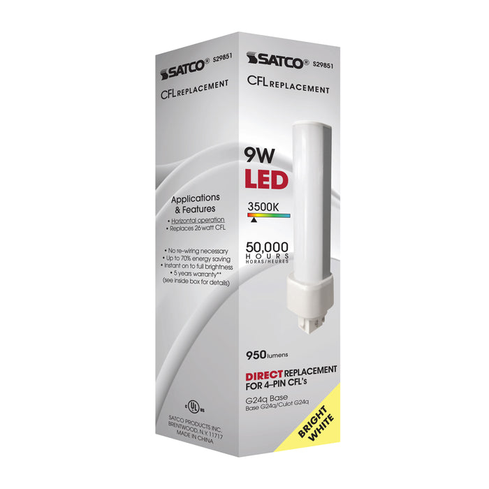 SATCO/NUVO 9W LED PL 4-Pin 3500K 950Lm G24Q Base 50000 Hours 120 Degree Beam Spread Type A Ballast Dependent (S29851)