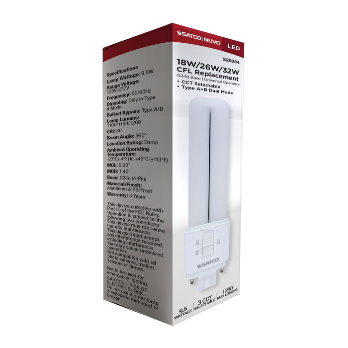 SATCO/NUVO 9.5W LED PL CCT Selectable 3000K/3500K/4000K G24Q Base Type A/B 120-277V (S29854)