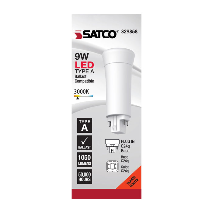 SATCO/NUVO 9W LED PL 4-Pin 3000K 950Lm G24Q Base 50000 Hours 120 Degree Beam Spread Type A Ballast Dependent (S29858)