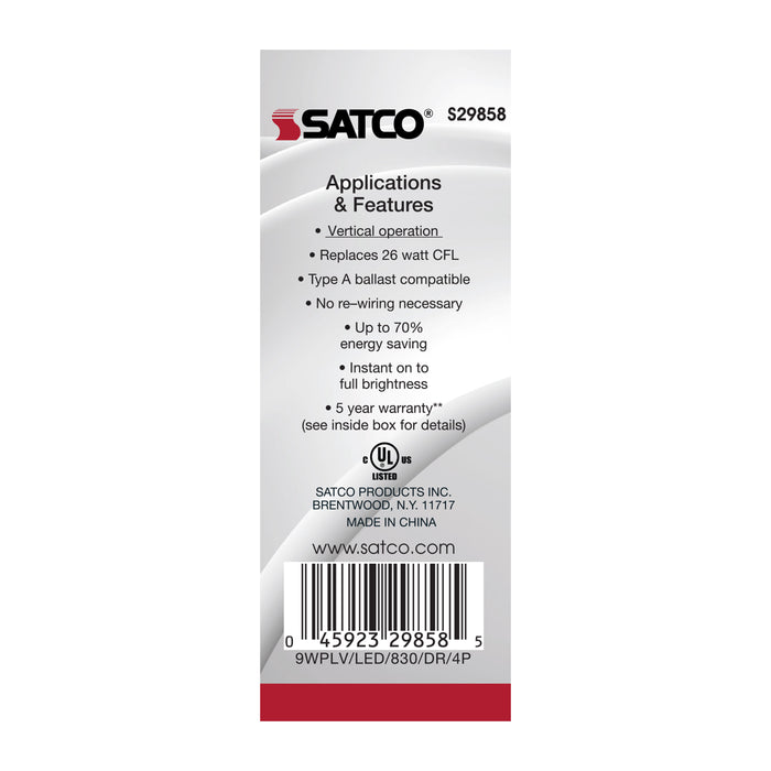 SATCO/NUVO 9W LED PL 4-Pin 3000K 950Lm G24Q Base 50000 Hours 120 Degree Beam Spread Type A Ballast Dependent (S29858)