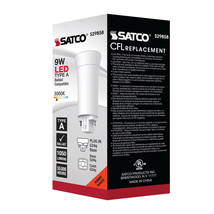 SATCO/NUVO 9W LED PL 4-Pin 3000K 950Lm G24Q Base 50000 Hours 120 Degree Beam Spread Type A Ballast Dependent (S29858)