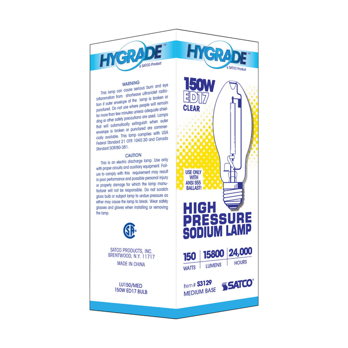 SATCO/NUVO 150W High Pressure Sodium HID Medium Base ED17 Clear 22 CRI 2100K (S3129)