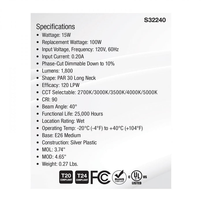 SATCO/NUVO 15W PAR30LN High Lumen LED Long Neck CCT Selectable 2700K/3000K/3500K/4000K/5000K Medium Base 120V (S32240)