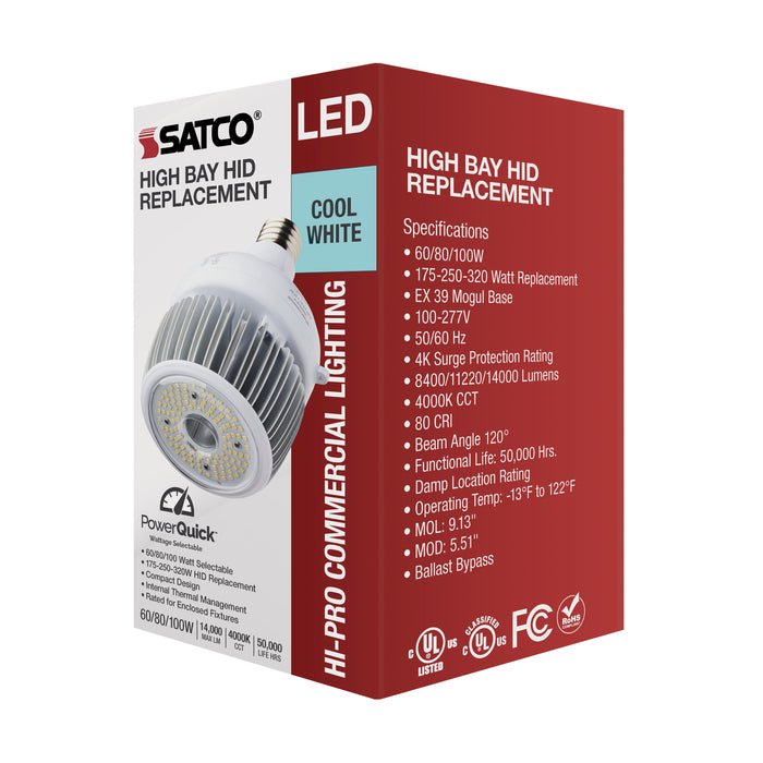 SATCO/NUVO 60W/80W/100W Wattage Selectable LED Hi-Bay Type B Ballast Bypass Mogul Extended 4000K 100V-277V 250W-300W Metal Halide Replacement (S33112)