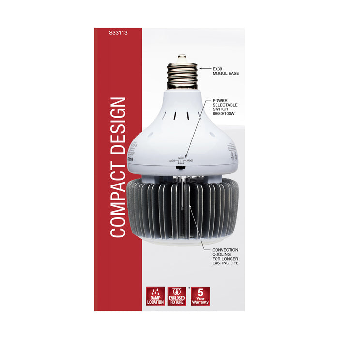 SATCO/NUVO 60W/80W/100W Wattage Selectable LED Hi-Bay Type B Ballast Bypass Mogul Extended 5000K 100V-277V 250W-300W Metal Halide Replacement (S33113)