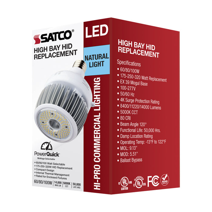 SATCO/NUVO 60W/80W/100W Wattage Selectable LED Hi-Bay Type B Ballast Bypass Mogul Extended 5000K 100V-277V 250W-300W Metal Halide Replacement (S33113)