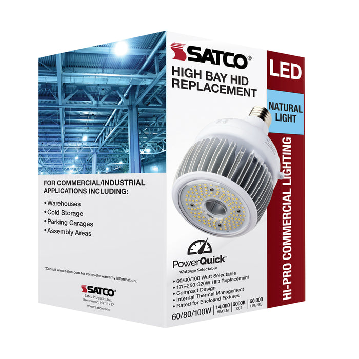 SATCO/NUVO 60W/80W/100W Wattage Selectable LED Hi-Bay Type B Ballast Bypass Mogul Extended 5000K 100V-277V 250W-300W Metal Halide Replacement (S33113)