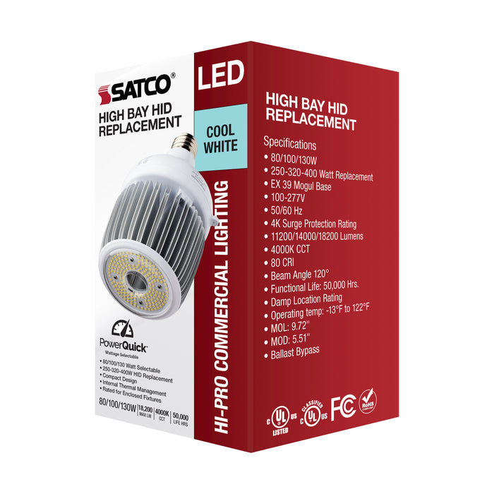 SATCO/NUVO 80W/100/130W Wattage Selectable LED Hi-Bay Type B Ballast Bypass Mogul Extended 4000K 100V-277V 250W-400W Metal Halide Replacement (S33114)