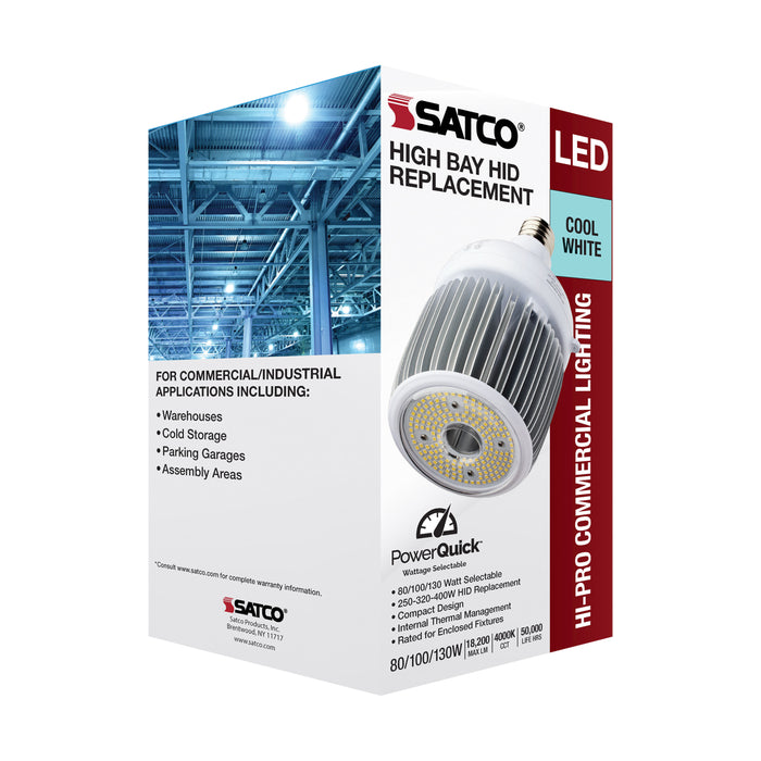 SATCO/NUVO 80W/100/130W Wattage Selectable LED Hi-Bay Type B Ballast Bypass Mogul Extended 4000K 100V-277V 250W-400W Metal Halide Replacement (S33114)
