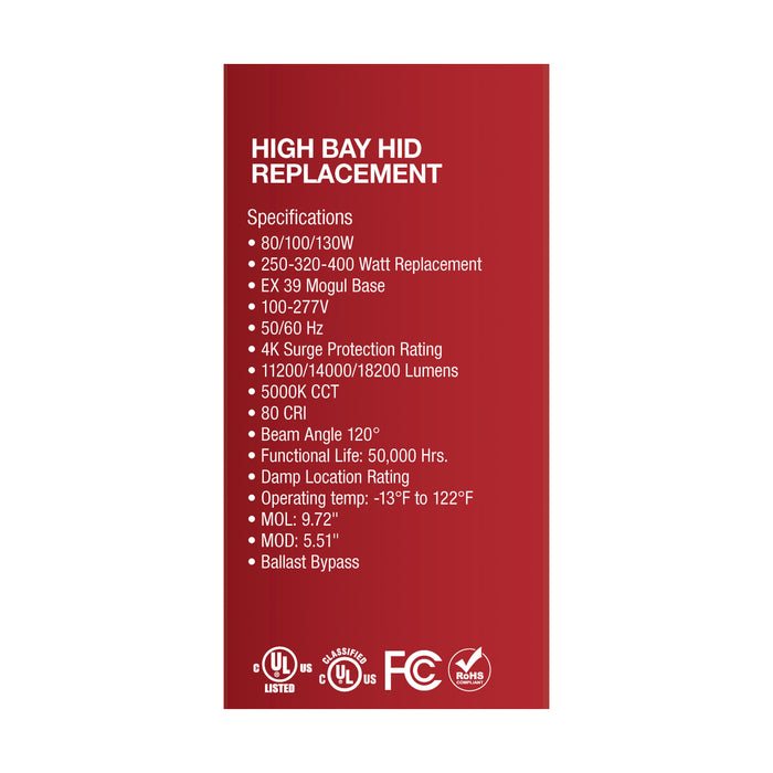 SATCO/NUVO 80W/100/130W Wattage Selectable LED Hi-Bay Type B Ballast Bypass Mogul Extended 5000K 100V-277V 250W-400W Metal Halide Replacement (S33115)