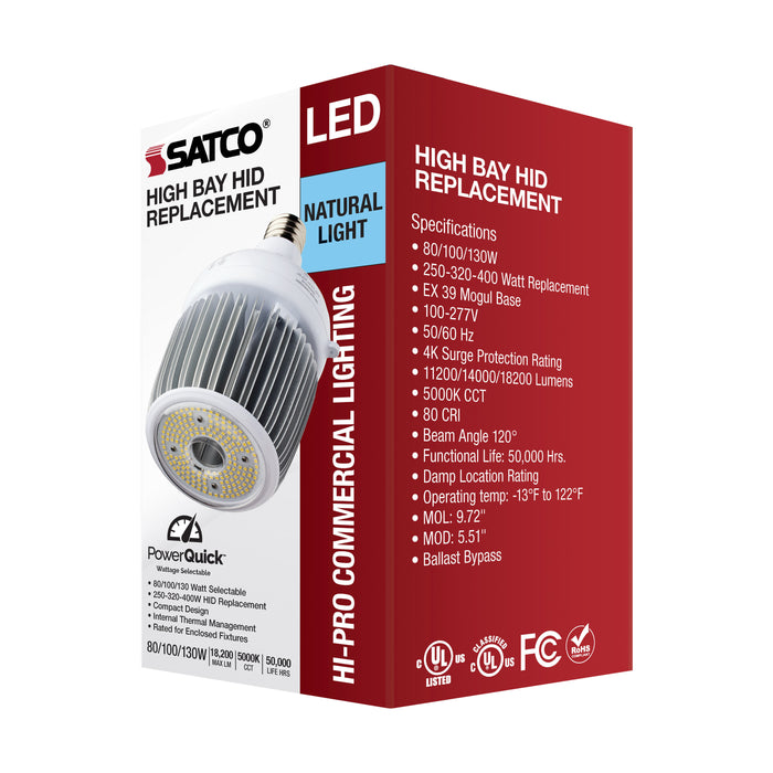SATCO/NUVO 80W/100/130W Wattage Selectable LED Hi-Bay Type B Ballast Bypass Mogul Extended 5000K 100V-277V 250W-400W Metal Halide Replacement (S33115)