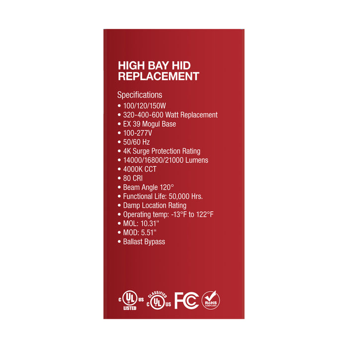 SATCO/NUVO 100W/120/150W Wattage Selectable LED Hi-Bay Type B Ballast Bypass Mogul Extended 4000K 100V-277V 400W-600W Metal Halide Replacement (S33116)