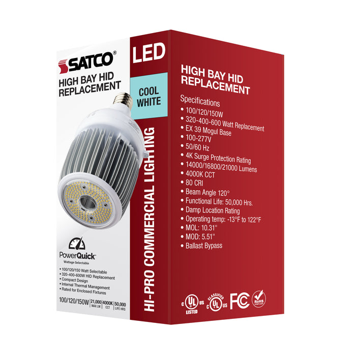 SATCO/NUVO 100W/120/150W Wattage Selectable LED Hi-Bay Type B Ballast Bypass Mogul Extended 4000K 100V-277V 400W-600W Metal Halide Replacement (S33116)