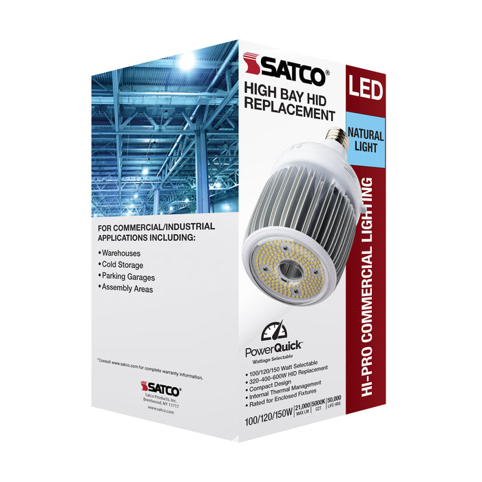 SATCO/NUVO 100W/120/150W Wattage Selectable LED Hi-Bay Type B Ballast Bypass Mogul Extended 5000K 100V-277V 400W-600W Metal Halide Replacement (S33117)