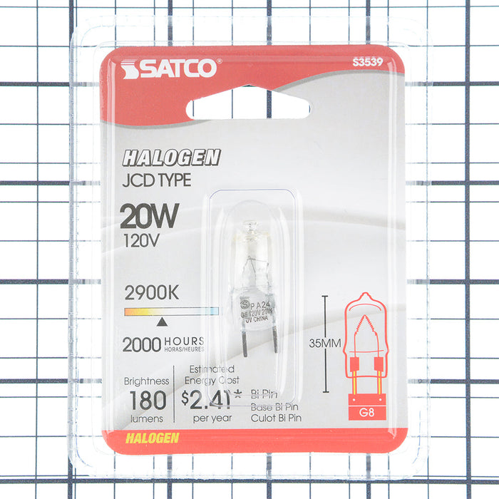 SATCO/NUVO 20T4/CL/G8 20W Halogen T4 Clear 2000 Hours 180Lm Bi-Pin G8 Base 120V 2900K (S3539)