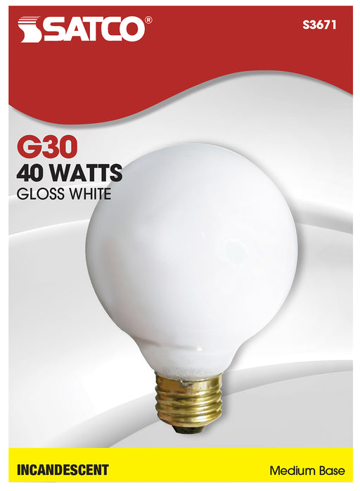 SATCO/NUVO 40G30/W 40W G30 Incandescent Gloss White 2500 Hours 300Lm Medium Base 120V 2700K (S3671)