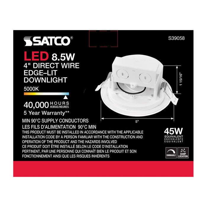 SATCO/NUVO 8.5W LED Direct Wire Downlight Edge-Lit 4 Inch 5000K 120V Dimmable (S39058)