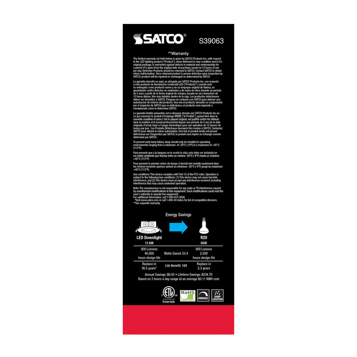 SATCO/NUVO 11.6W LED Direct Wire Downlight Edge-Lit 5-6 Inch 4000K 120V Dimmable (S39063)