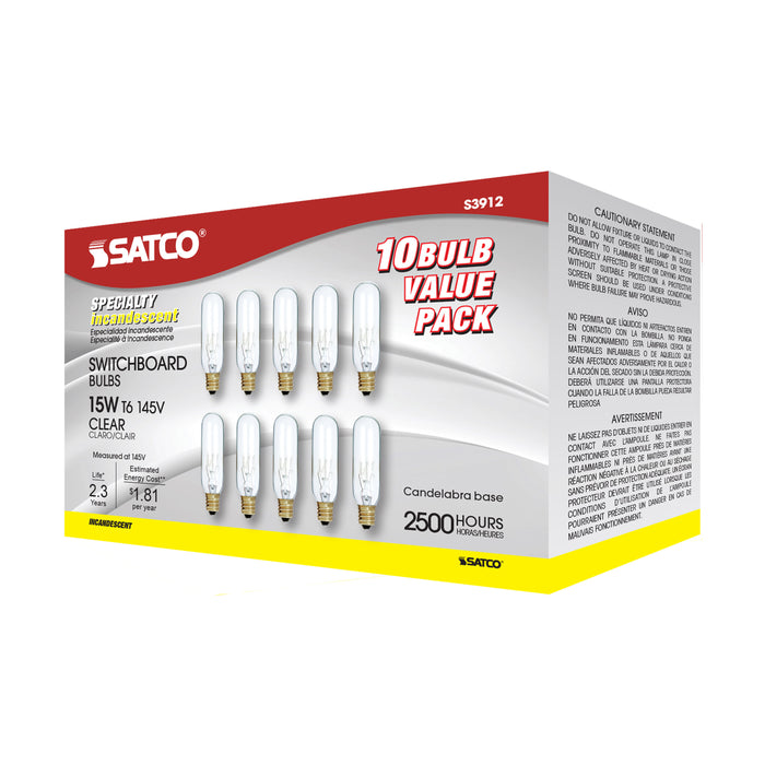 SATCO/NUVO 15W T6 Incandescent Clear 2000 Hours 90Lm Candelabra Base 145V 2700K (S3912)