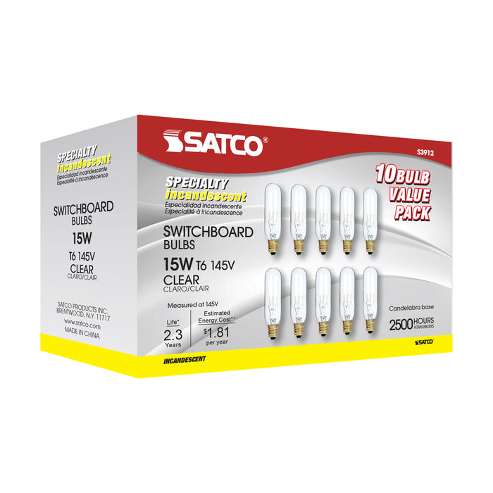 SATCO/NUVO 15W T6 Incandescent Clear 2000 Hours 90Lm Candelabra Base 145V 2700K (S3912)
