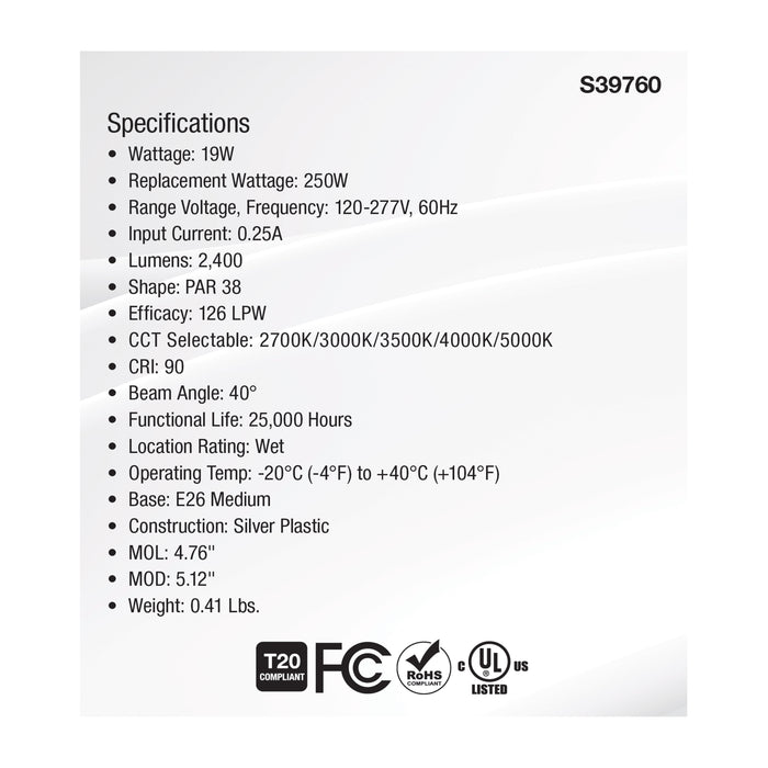 SATCO/NUVO 19W PAR38 High Lumen LED CCT Selectable 2700K/3000K/3500K/4000K/5000K Medium Base 120-277V (S39760)
