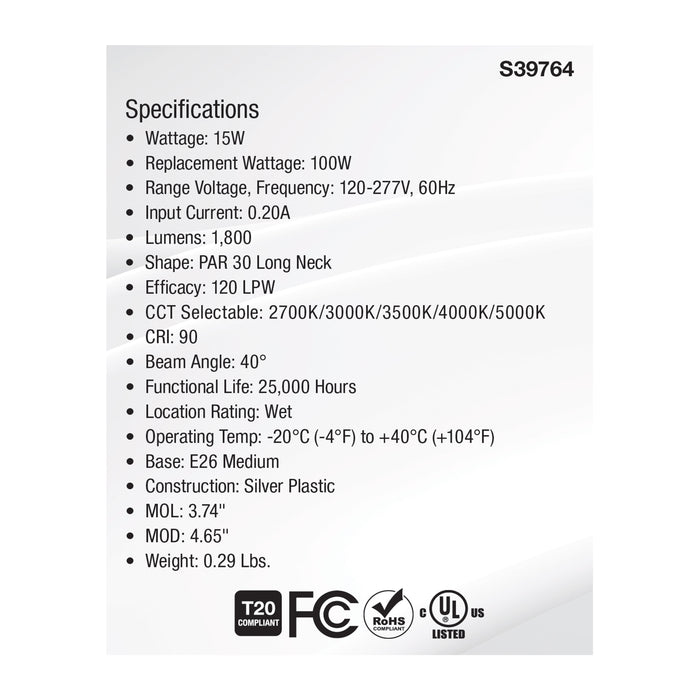 SATCO/NUVO 15W PAR30LN High Lumen LED Long Neck CCT Selectable 2700K/3000K/3500K/4000K/5000K Medium Base 120-277V (S39764)