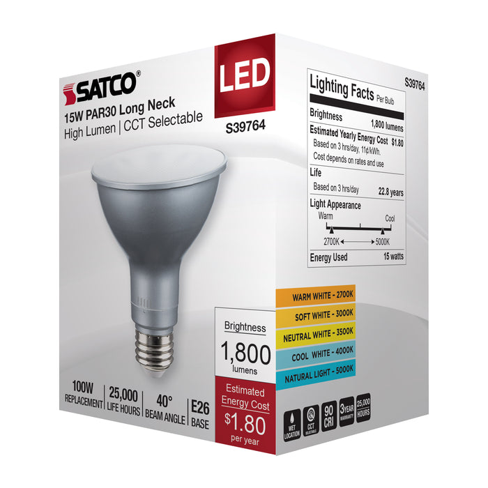 SATCO/NUVO 15W PAR30LN High Lumen LED Long Neck CCT Selectable 2700K/3000K/3500K/4000K/5000K Medium Base 120-277V (S39764)