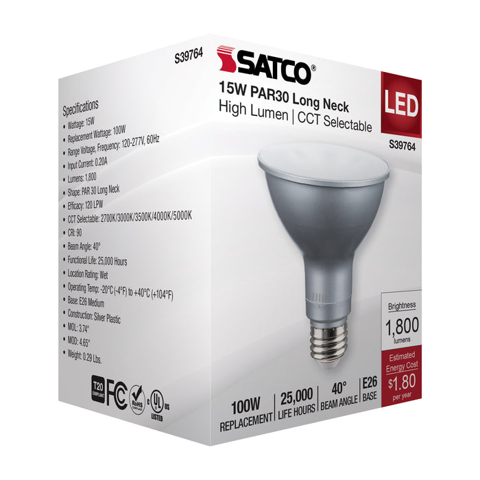 SATCO/NUVO 15W PAR30LN High Lumen LED Long Neck CCT Selectable 2700K/3000K/3500K/4000K/5000K Medium Base 120-277V (S39764)