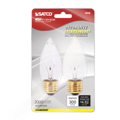 SATCO/NUVO 40B10/FAN/F 40W B10 Incandescent Frost 2000 Hours 300Lm Medium Base 120V 2 Per Card 2700K (S4742)