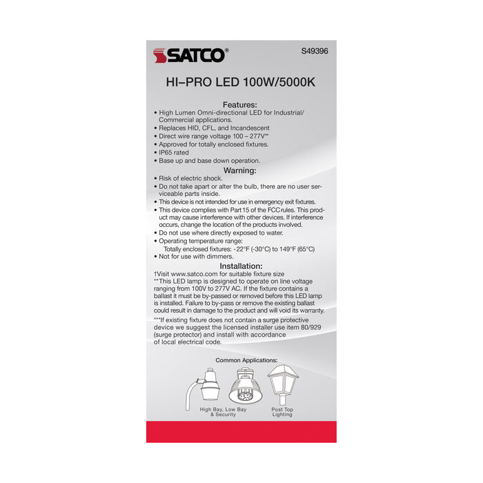 SATCO/NUVO 100W LED HID Replacement 5000K Extended Mogul Base Type B Ballast Bypass Economy Hi-Pro (S49396)