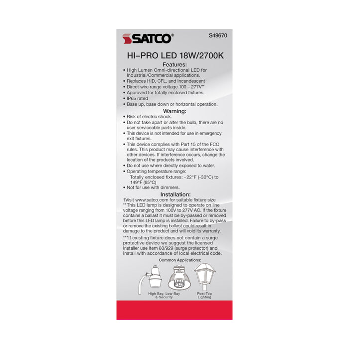 SATCO/NUVO 18W LED HID Replacement 80 CRI 2700K Medium Base Economy Hi-Pro (S49670)