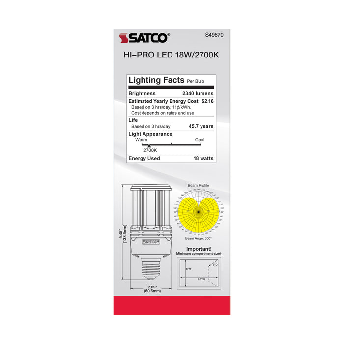 SATCO/NUVO 18W LED HID Replacement 80 CRI 2700K Medium Base Economy Hi-Pro (S49670)