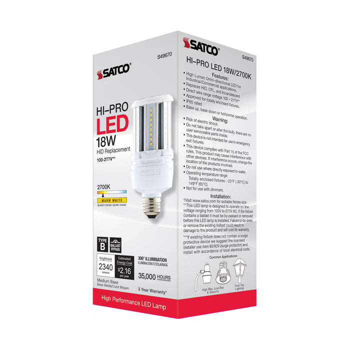 SATCO/NUVO 18W LED HID Replacement 80 CRI 2700K Medium Base Economy Hi-Pro (S49670)