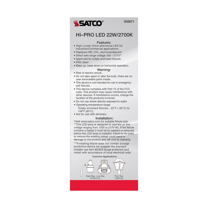 SATCO/NUVO 22W LED HID Replacement 80 CRI 2700K Medium Base Economy Hi-Pro (S49671)