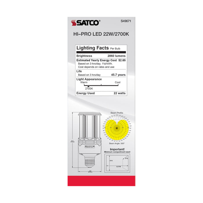 SATCO/NUVO 22W LED HID Replacement 80 CRI 2700K Medium Base Economy Hi-Pro (S49671)