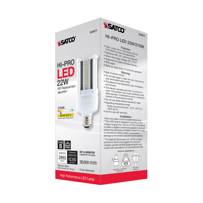 SATCO/NUVO 22W LED HID Replacement 80 CRI 2700K Medium Base Economy Hi-Pro (S49671)