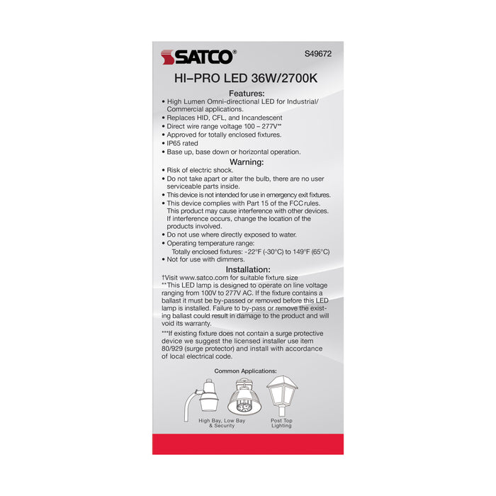 SATCO/NUVO 36W LED HID Replacement 80 CRI 2700K Medium Base Economy Hi-Pro (S49672)