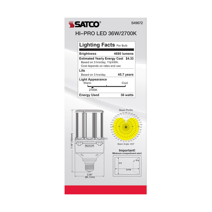 SATCO/NUVO 36W LED HID Replacement 80 CRI 2700K Medium Base Economy Hi-Pro (S49672)