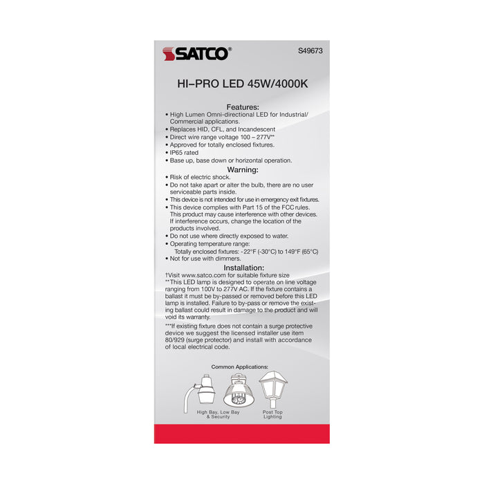 SATCO/NUVO 45W LED HID Replacement 4000K Extended Mogul Base Type B Ballast Bypass Economy Hi-Pro (S49673)