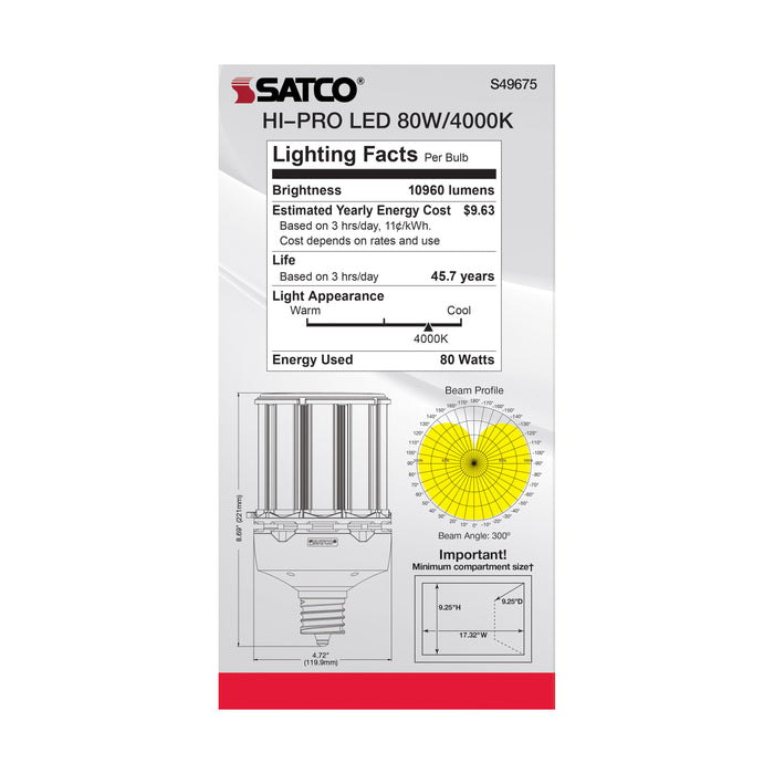 SATCO/NUVO 80W LED HID Replacement 4000K Extended Mogul Base Type B Ballast Bypass Economy Hi-Pro (S49675)