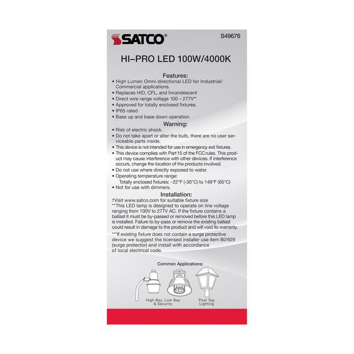 SATCO/NUVO 100W LED HID Replacement 4000K Extended Mogul Base Type B Ballast Bypass Economy Hi-Pro (S49676)