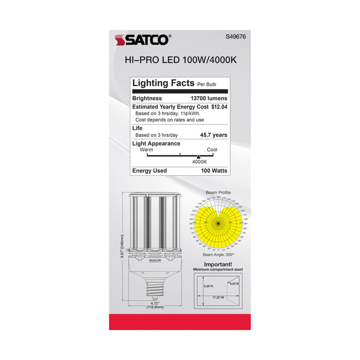 SATCO/NUVO 100W LED HID Replacement 4000K Extended Mogul Base Type B Ballast Bypass Economy Hi-Pro (S49676)