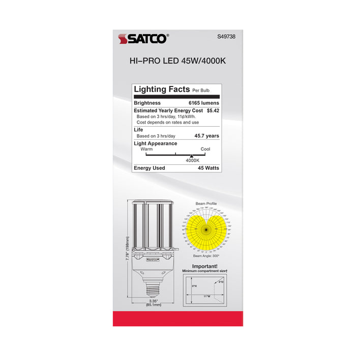 SATCO/NUVO 45W LED HID Replacement 80 CRI 4000K Medium Base Economy Hi-Pro (S49738)