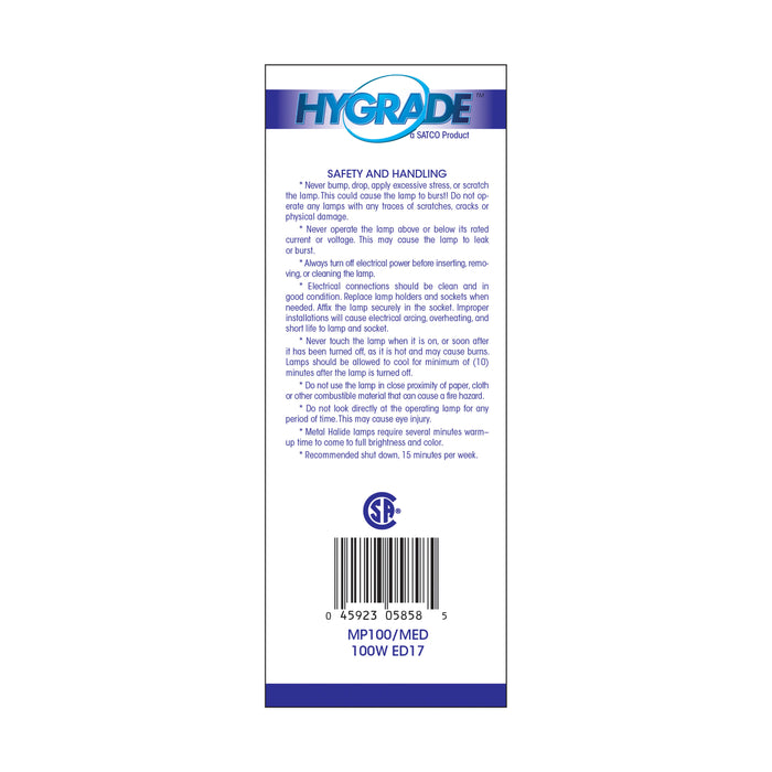 SATCO/NUVO HyGrade 100W Metal Halide HID Medium Base ED17 Clear 65 CRI 4000K (S5858)